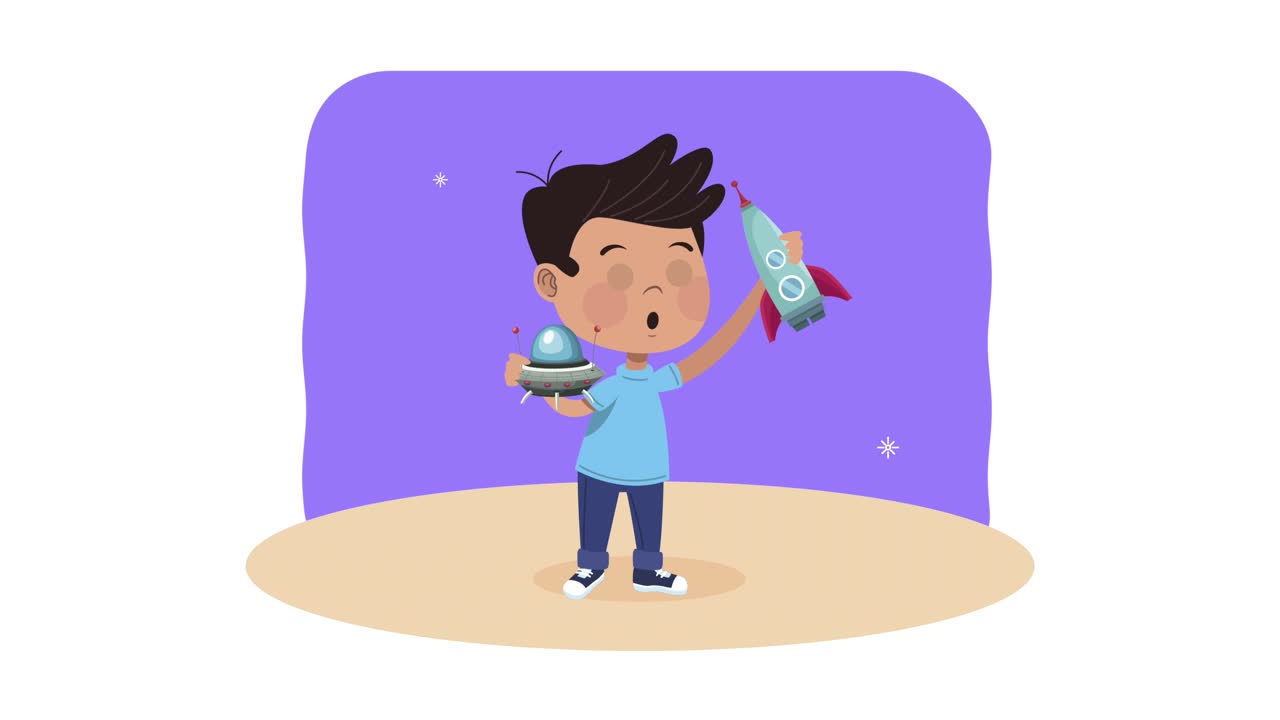 niño pequeño jugando con cohetes y animación de ovnis