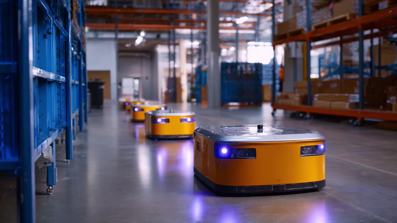Automated delivery robots navigating through a modern warehouse ...