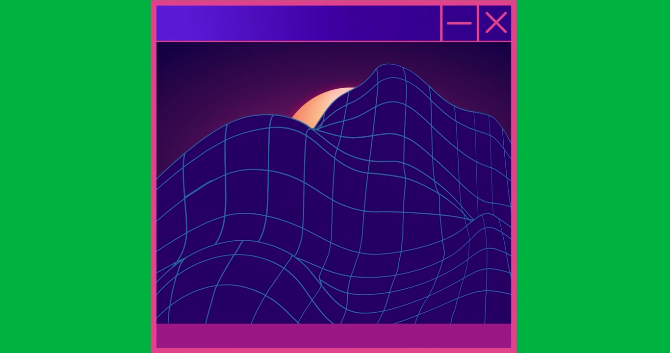 tech UI showcasing neon pink window featuring blue wire grid hidden sun on transparent background