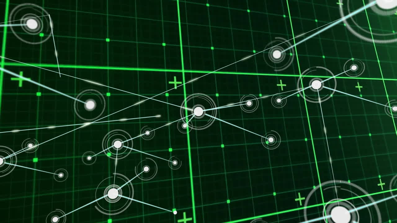 녹색 그리드 배경에서 네트워크 연결 및 데이터 포인트 애니메이션