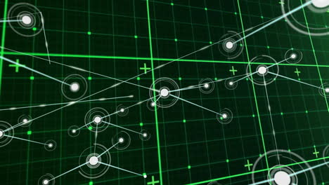 network connections and data points animation over green grid background