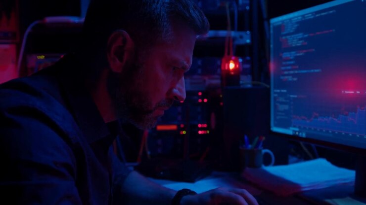 Focused man types at a keyboard beside a monitor showing code and graphs in a dark neon-lit room