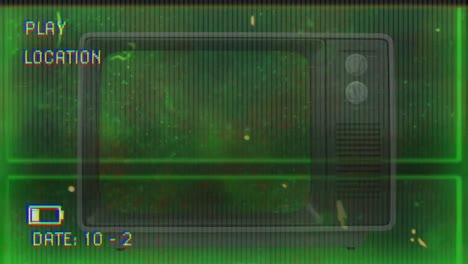 Animation-of-retro-tv-set-on-playback-screen,-with-dust-and-scratches-on-green-grid-background
