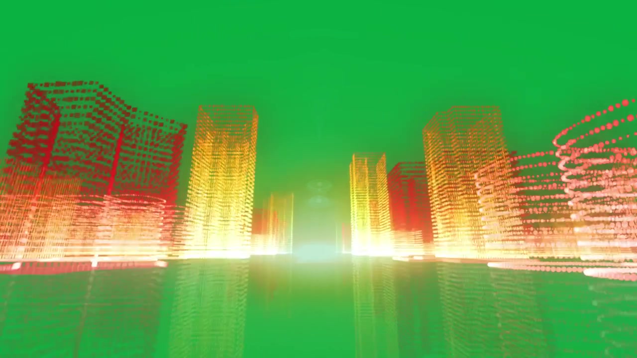 Torri al neon pulsanti, bagliore all'orizzonte che si innalza e visuale di guida, che riflette uno sfondo trasparente per t
