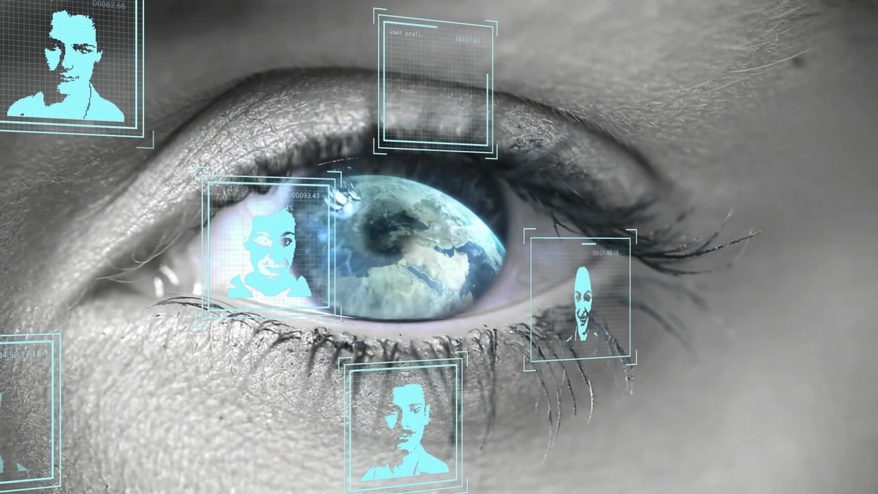 Animation of user photos over blue eye of caucasian woman