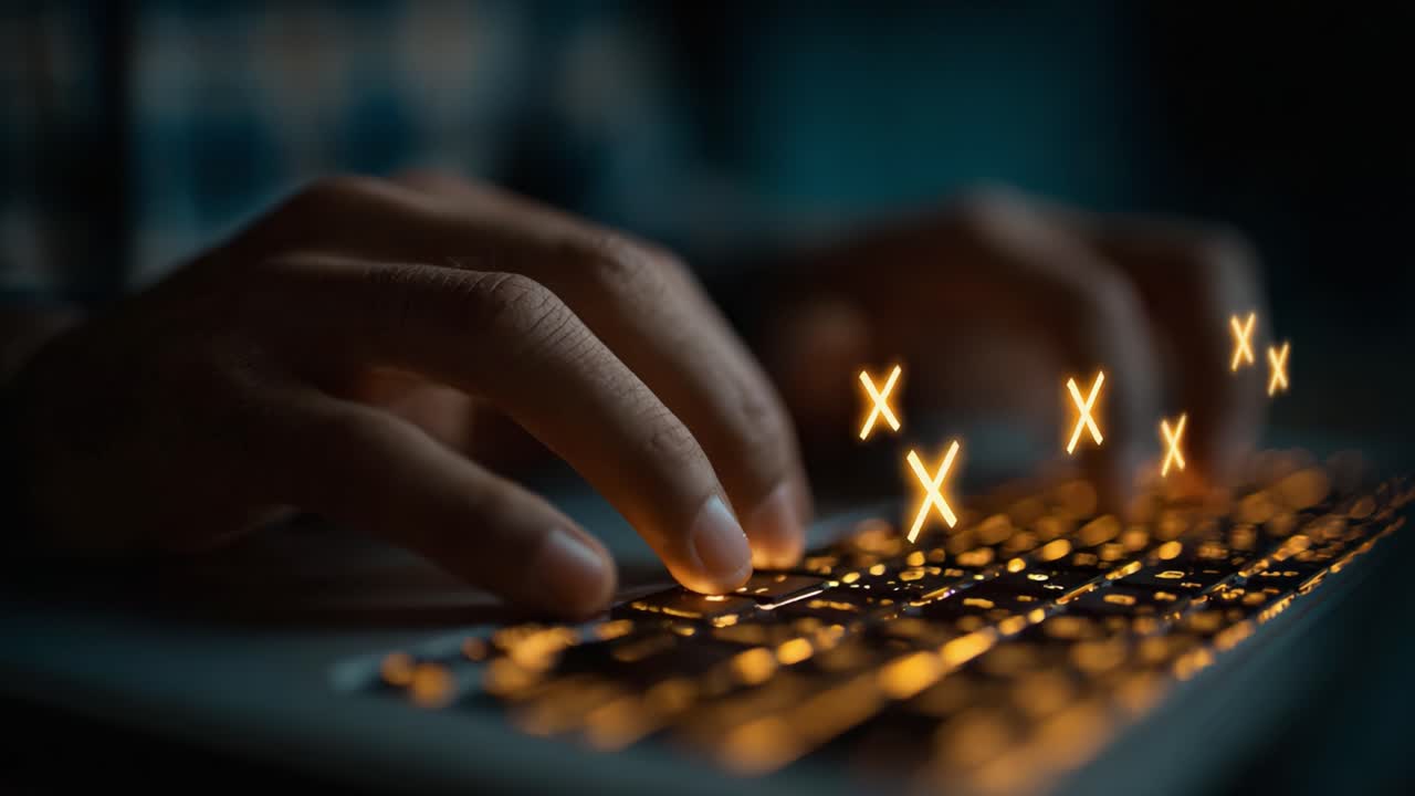 A Close-Up on Hands Typing on a Backlit Keyboard with Glowing Symbols in a Dark Environment, Highlighting Digital Interaction and Technology