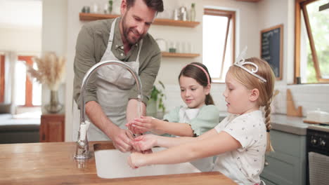 Cleaning,-washing-hands-and-father-with-children