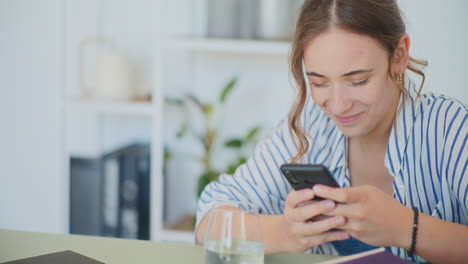 Mujer-Sonriente-Enviando-Mensajes-De-Texto-Y-Comprando