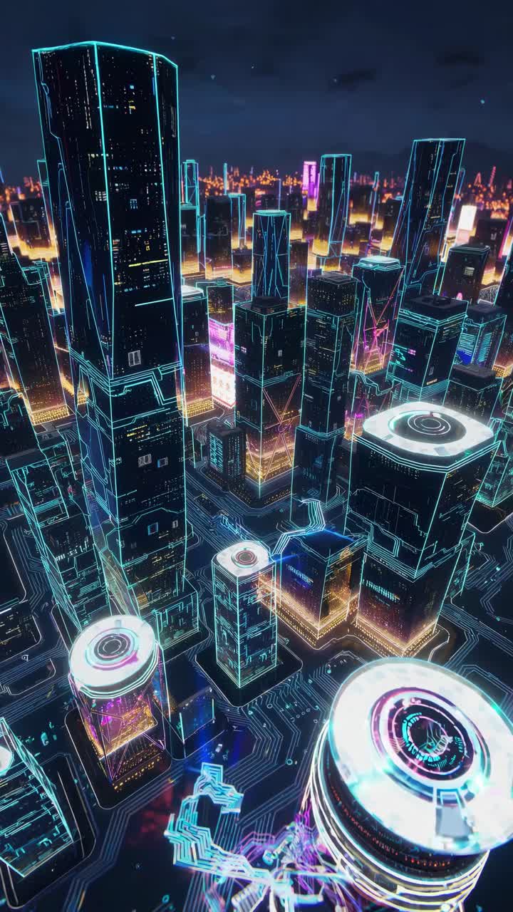 Futuristic cityscape with neon lights and circuit patterns, viewed from a high angle