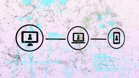 animation of media network over processing data and communication connections