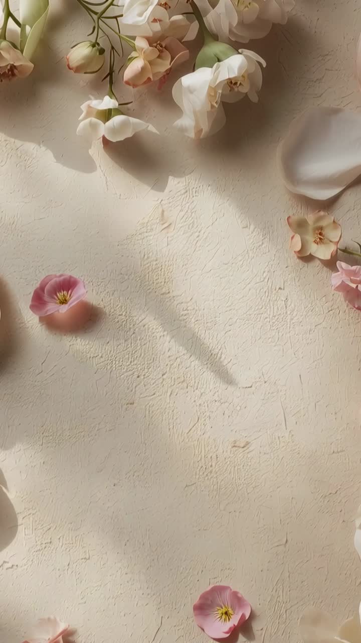 Video verticale: Petali rosa e bianchi si sollevano con piccoli fiori che fluttuano su un tavolo color crema a causa di una corrente d'aria.