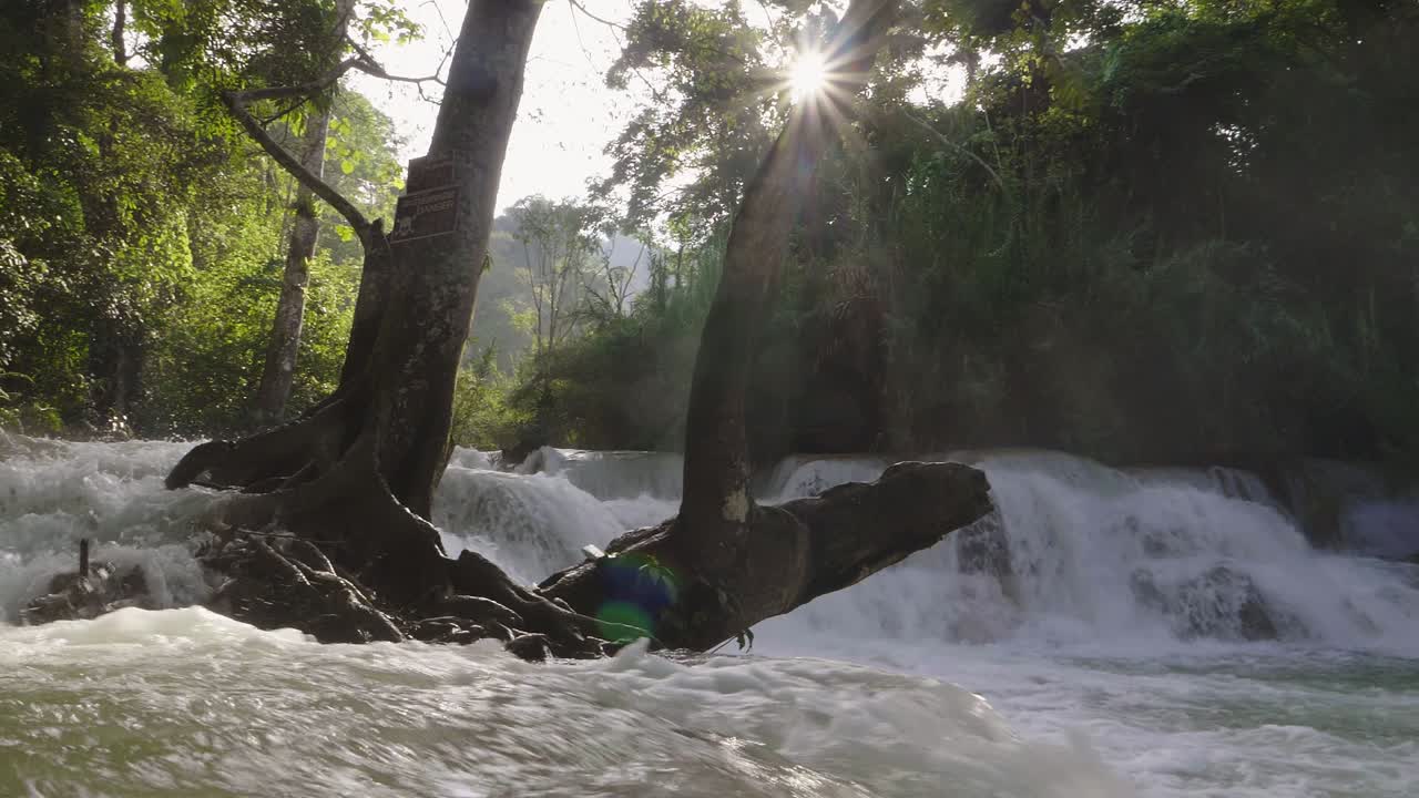 Waterfall With Sunlight Through Tree, Slow Motion