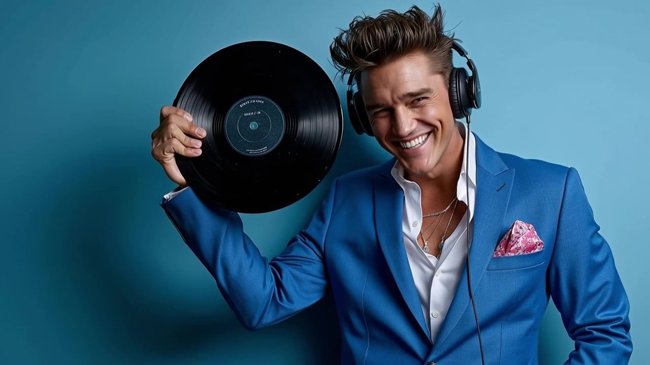 Giovane uomo felice in abito blu che indossa le cuffie e tiene un disco in vinile nero mentre ride.