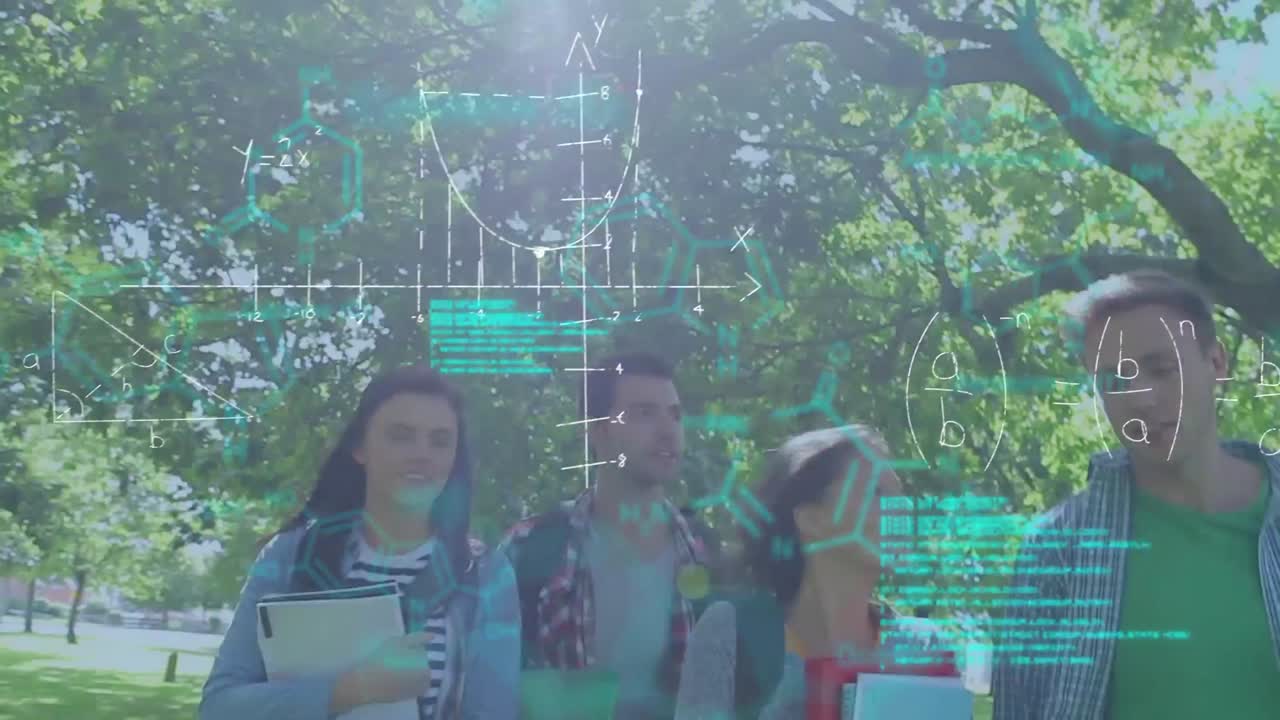 grupo de estudiantes universitarios caminando por el parque