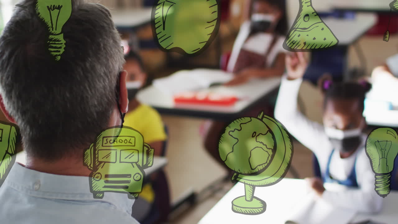 animación de iconos escolares sobre un maestro caucásico y escolares con máscaras faciales