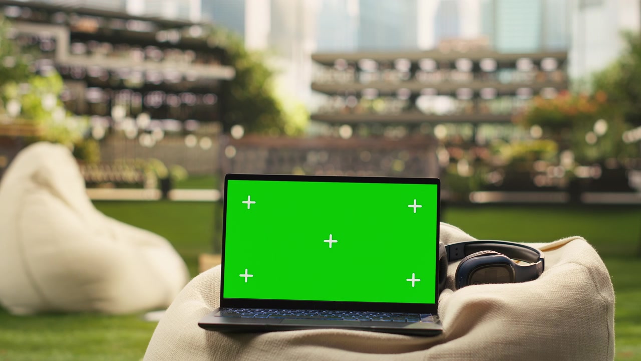 Mockup con schermo verde su laptop posizionato su un beanbag moderno del campus