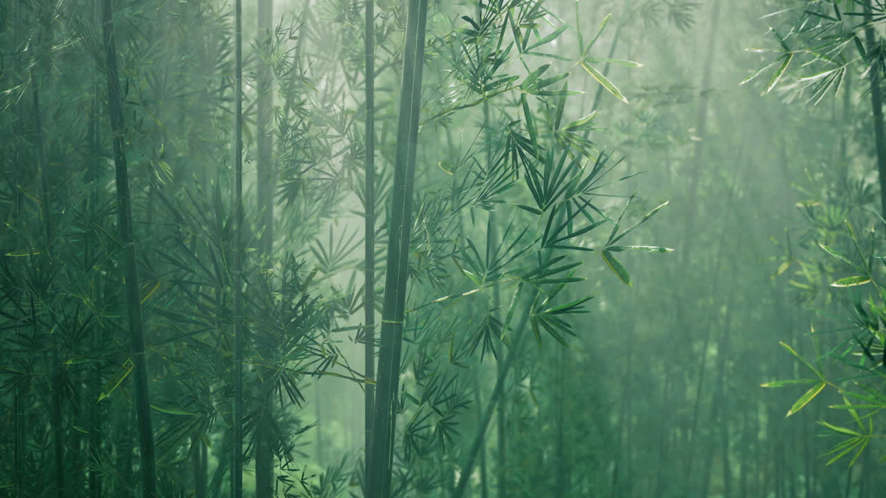 la luz del sol se filtra a través del denso bosque de bambú durante las horas nubladas de la mañana