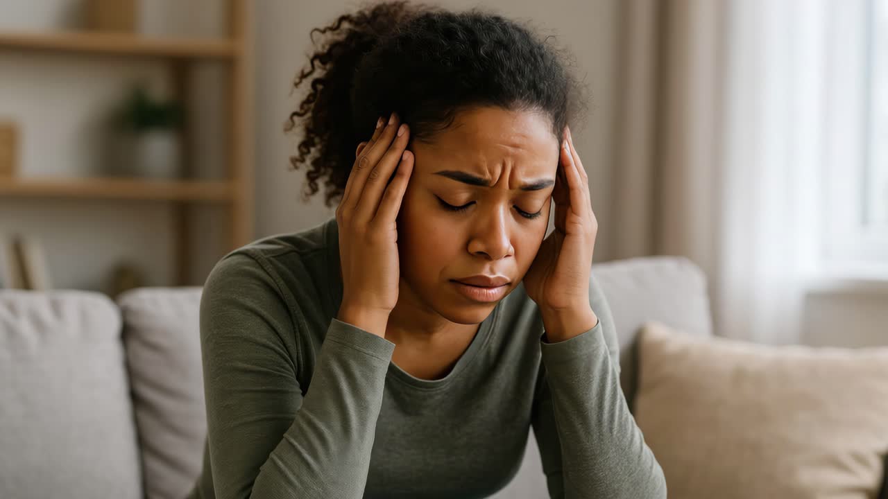 A woman holding her head in distress, captured in a close-up angle