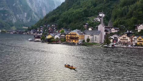 Aerial-view-of-austrian-mountain-village-Hallstatt-and-Hallstatter-lake