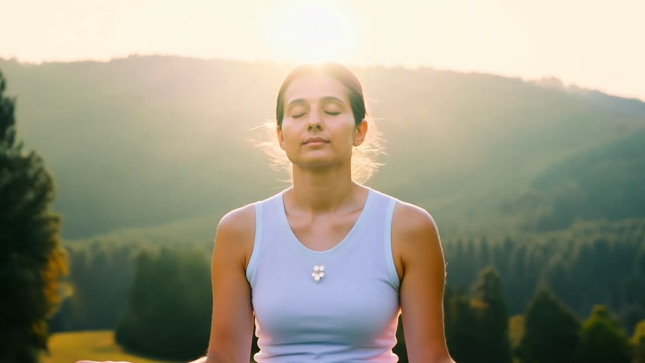 mujer está practicando yoga y meditando con los ojos cerrados en un paisaje de montaña al atardecer con el sol brillando sobre su cabeza