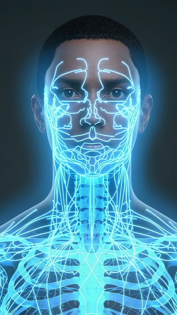 Vertical video: Powering on bust displaying glowing nerve and bone map in dark field for study