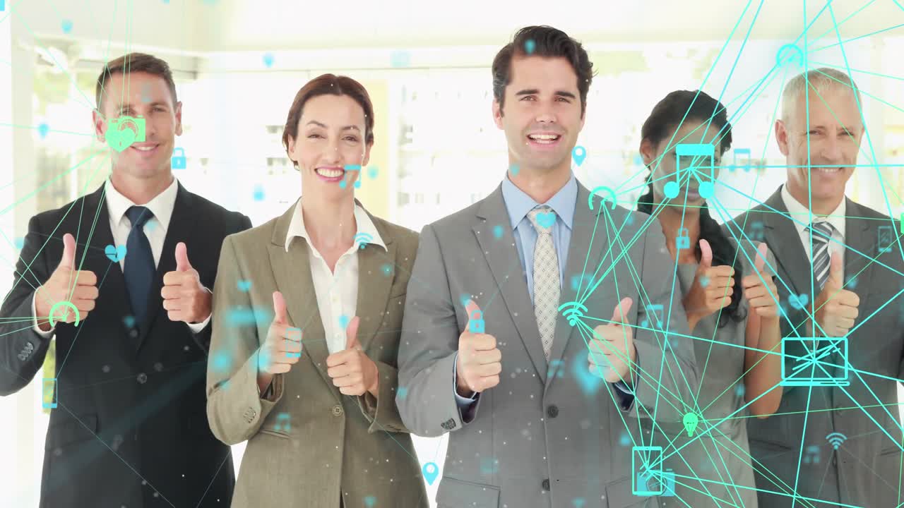 애니메이션 연결된 아이콘은 행복한 다양한 동료들이 사무실에서 엄지손가락을 들어 올리는 것을 통해 지구를 형성합니다.