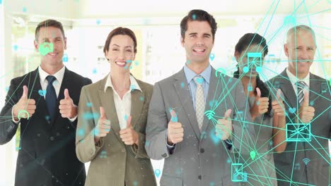 animación iconos conectados formando globos sobre felices compañeros de trabajo diversos dando pulgares hacia arriba en la oficina
