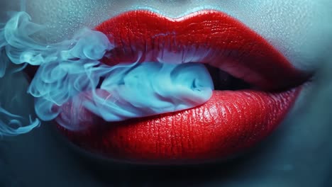 A woman's lips are painted red and she is surrounded by smoke. The image has a mysterious and eerie mood, as the smoke seems to be coming from the woman's mouth