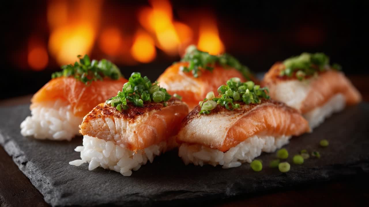 Köstliches gegrilltes Lachs-Sushi mit frischen grünen Zwiebeln auf einer Schieferplatte, das die Essenz der japanischen Küche und kulinarischen Kunst einfängt