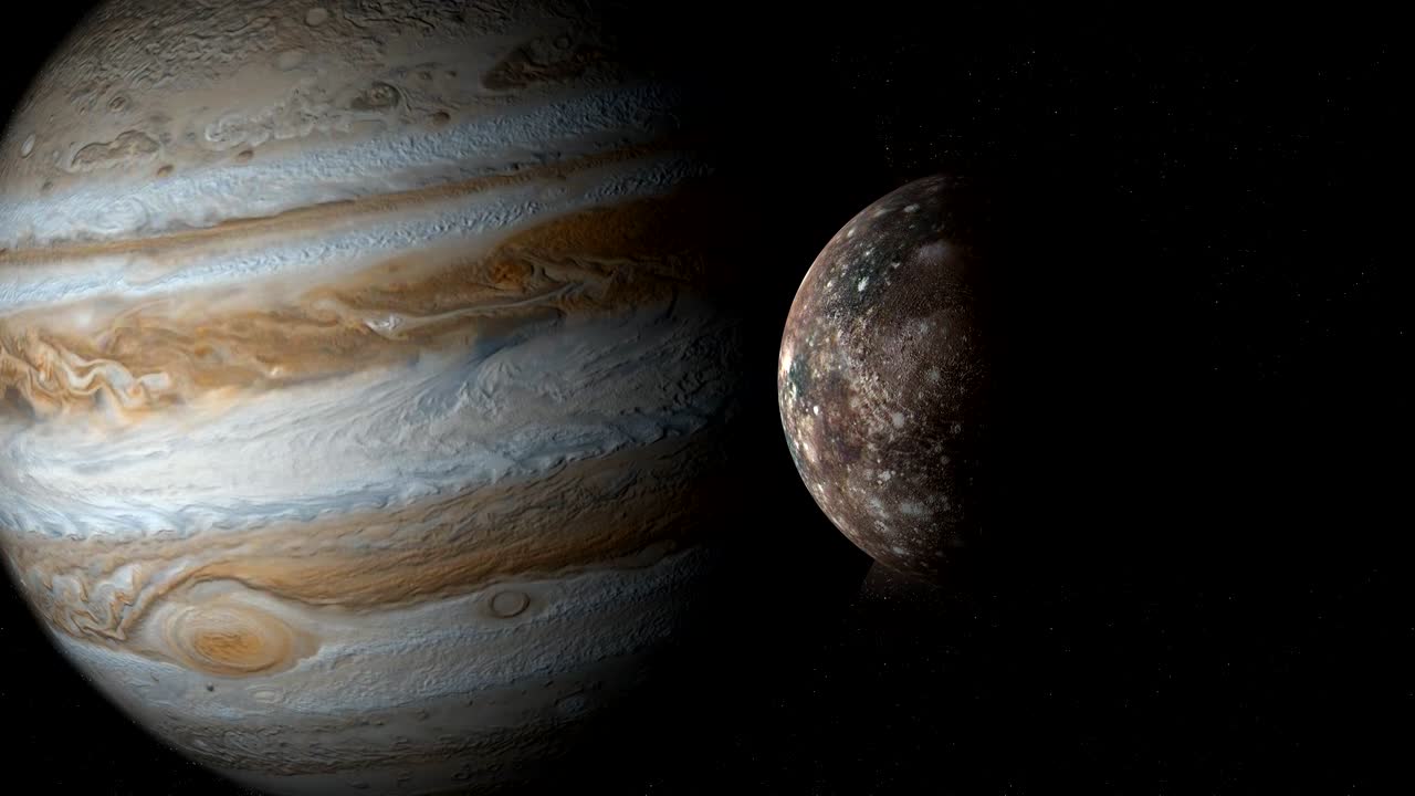 el planeta júpiter y la luna callisto en el espacio exterior