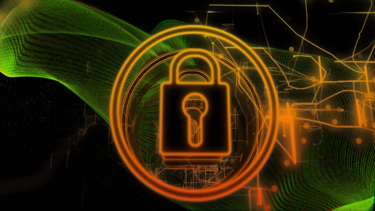 Glowing orange padlock icon floating at center, framed by rings, green mesh wave and circuit lines