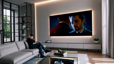 woman watching a large tv in a modern living room