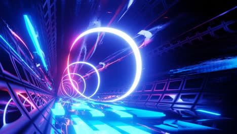 Hi-tech neon sci-fi tunel. Trendy neon glow lines form pattern and construction in mirror tunnel. Beautiful neon tunnel. Fly through technology cyberspace. 3d looped seamless 4k bright youth bg. Rings