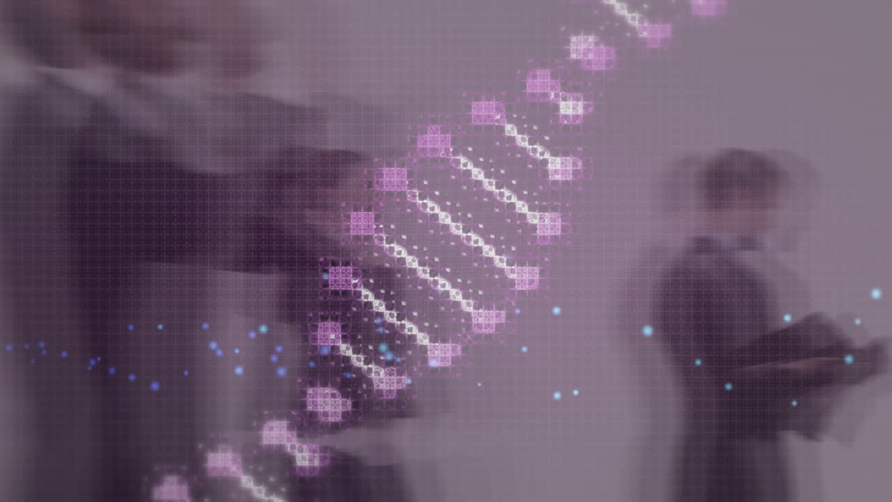 Animation af roterende DNA-streng over fodgængere i hurtig bevægelse.