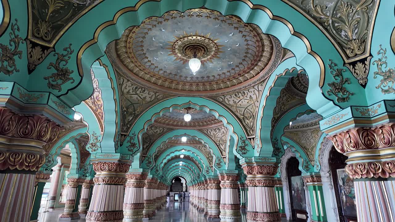 4K Video the beautiful decorative columns inside Mysore Palace in India