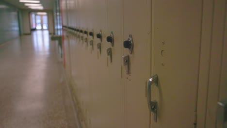 extreme close up view of school lockers with gimbal video walking along.