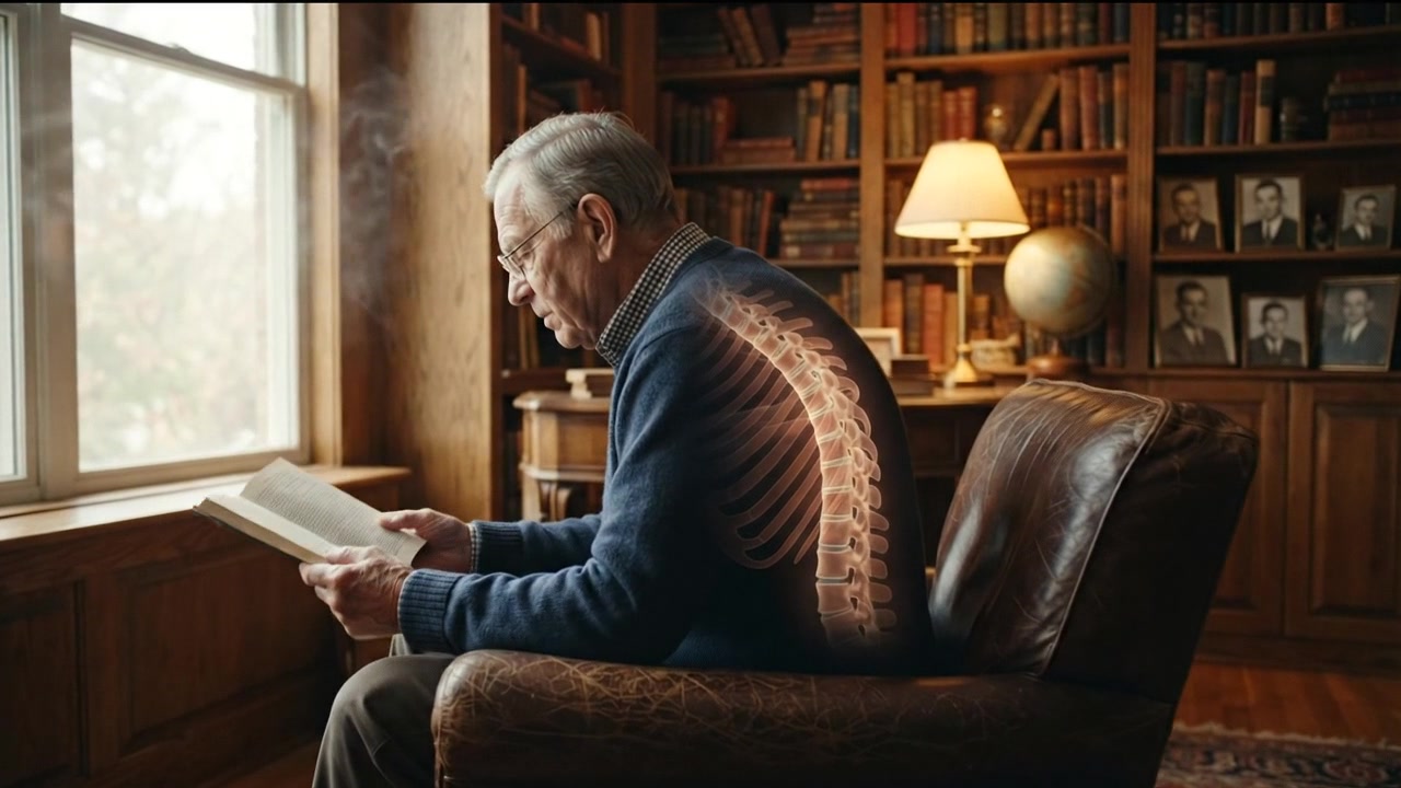 Anziano che legge un libro con sovrapposizione visibile dell'anatomia spinale