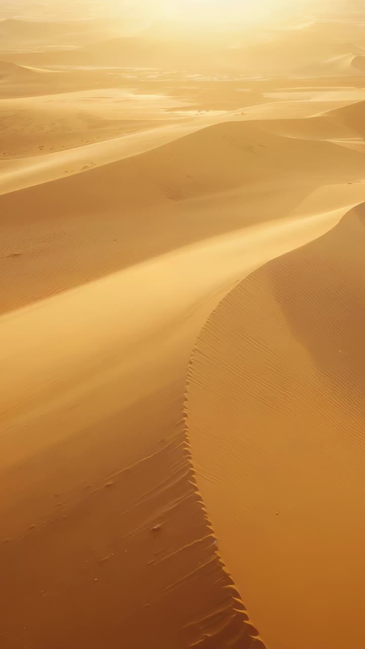 Vertical video: Sweeping camera revealing right dune crest over desert showing ripples, copy space