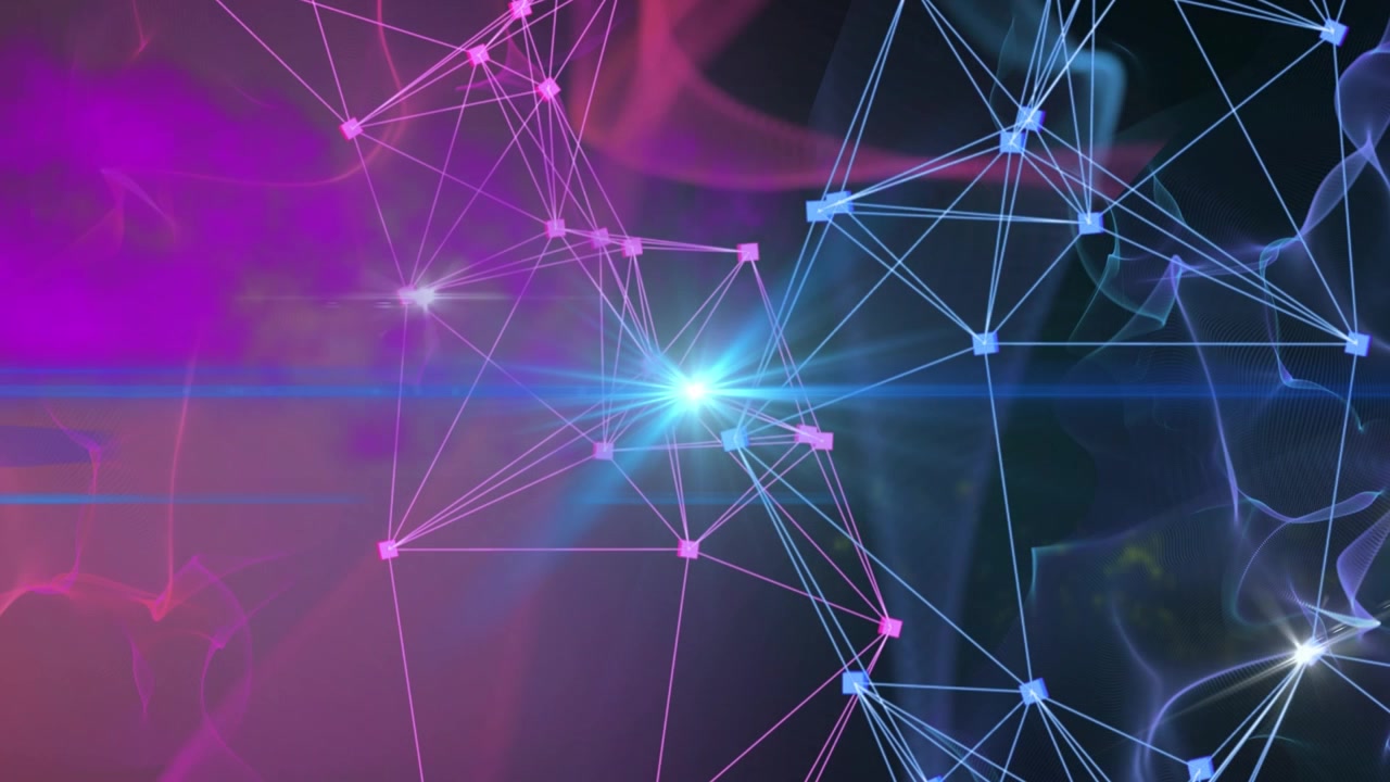 Animation of purple and yellow clouds and blue light spot against network of connections