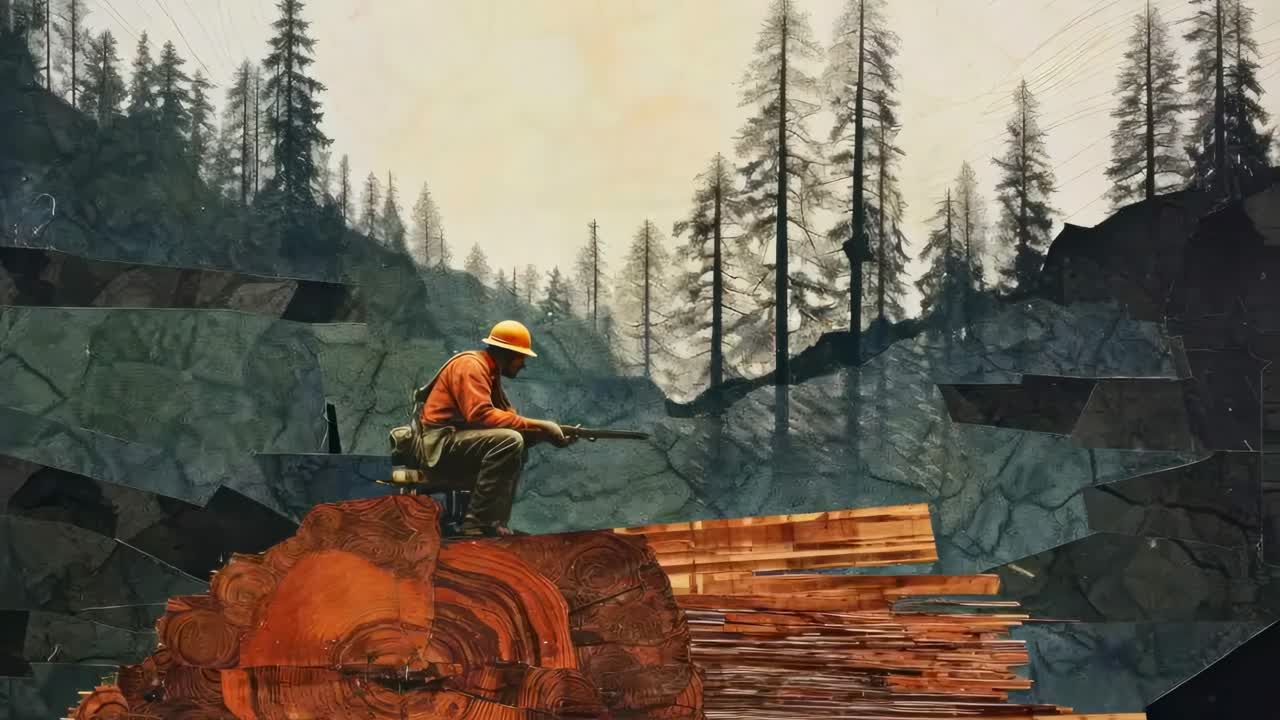 A worker in an orange jacket and helmet sits on logs in a forest