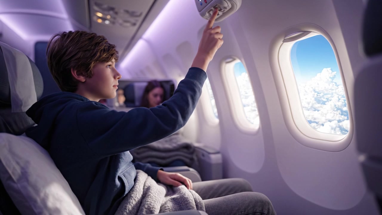 Junger Junge blickt aus dem Flugzeugfenster, fasziniert von der wunderschönen Wolkenlandschaft und dem hellen Himmel während einer aufregenden Reise über den Wolken.