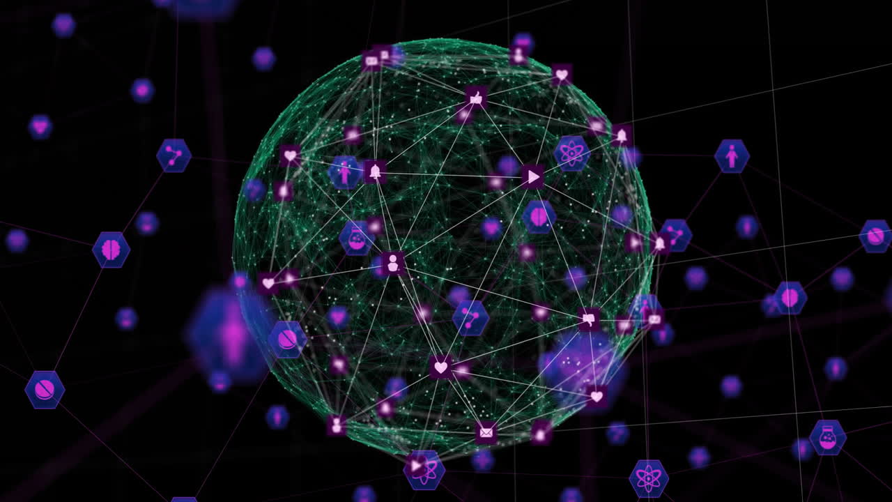 Network of connections and data processing animation over digital globe