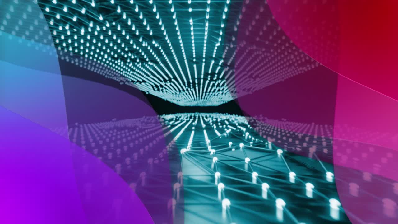 formas abstractas púrpuras y rojas sobre una red de luces brillantes en negro