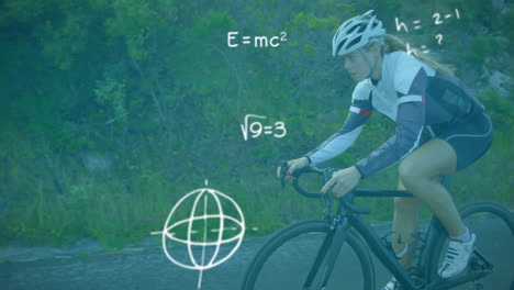 ecuaciones matemáticas y símbolos contra la mujer en bicicleta en la carretera