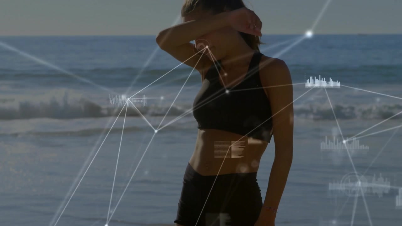 Camera panning upward showing fitness model shading eyes and stretching neck under network overlays