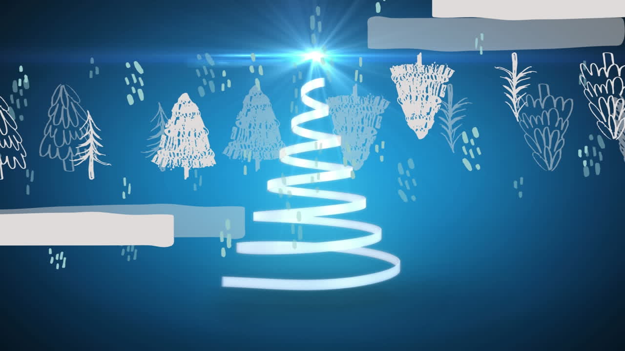 파란색 배경 에 있는 크리스마스 트리 아이콘 에 대하여 크리스마스 트리 를 형성 하는 리본 위 에 있는 빛 의 반점