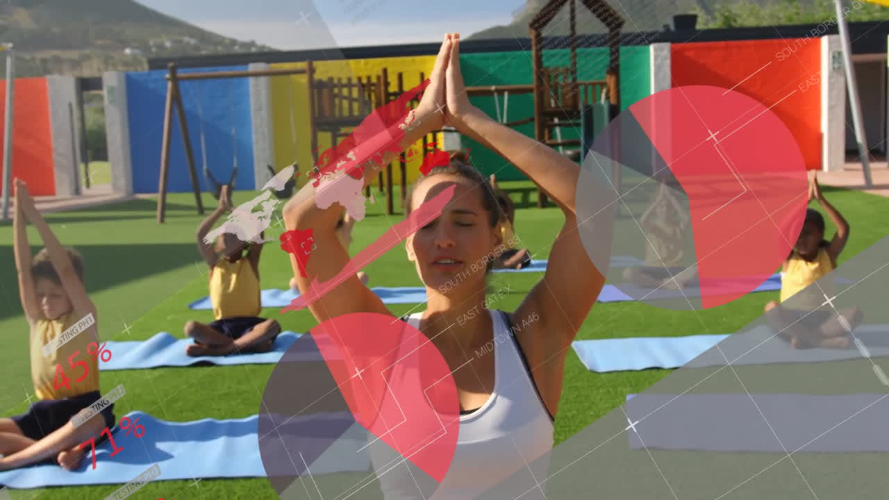 animación de gráficos y procesamiento de datos sobre diversas maestras y niños en clase de yoga