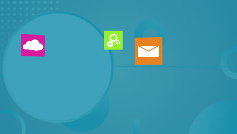 animation of multiple digital icons over abstract shapes against copy space on blue background