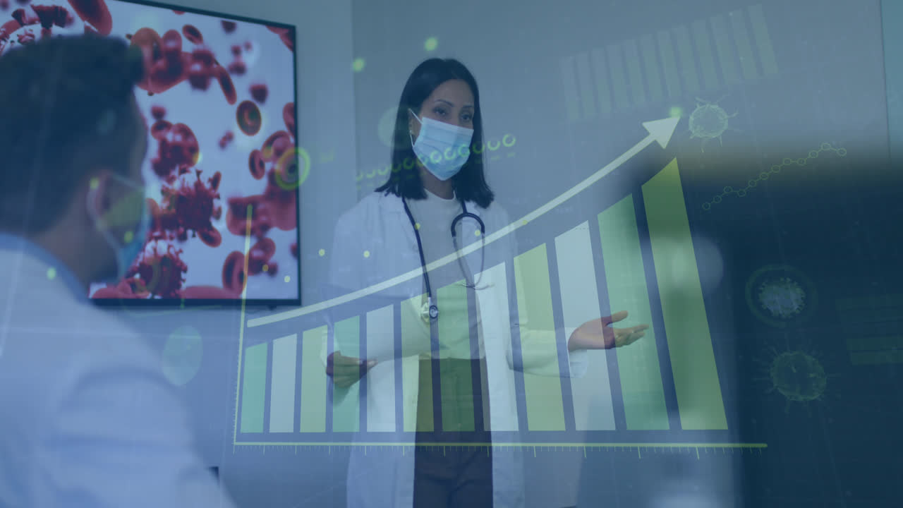 animación de datos de covid-19 sobre una doctora con máscara facial