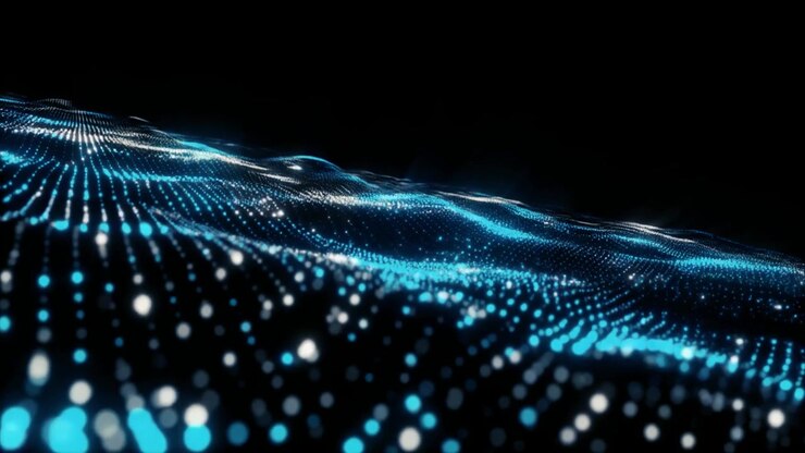Sfondo astratto con movimento di onde di particelle digitali blu